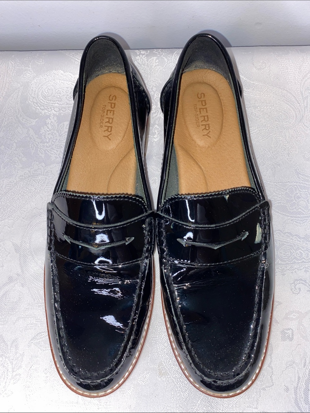EUC Sperry Seaport Black Patent Leather Penny Loafers, sz. 9